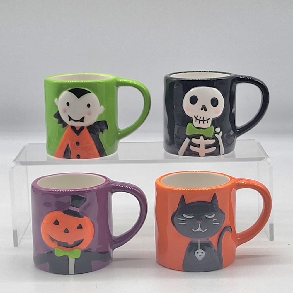 Lang Halloween Espresso Set 4 Mini Mugs Cat Vampire Skeleton Pumpkin
